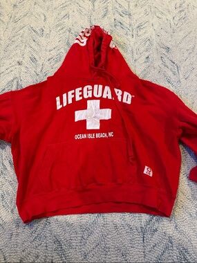 Red "Lifeguard" Graphic Hoodie with White Cross